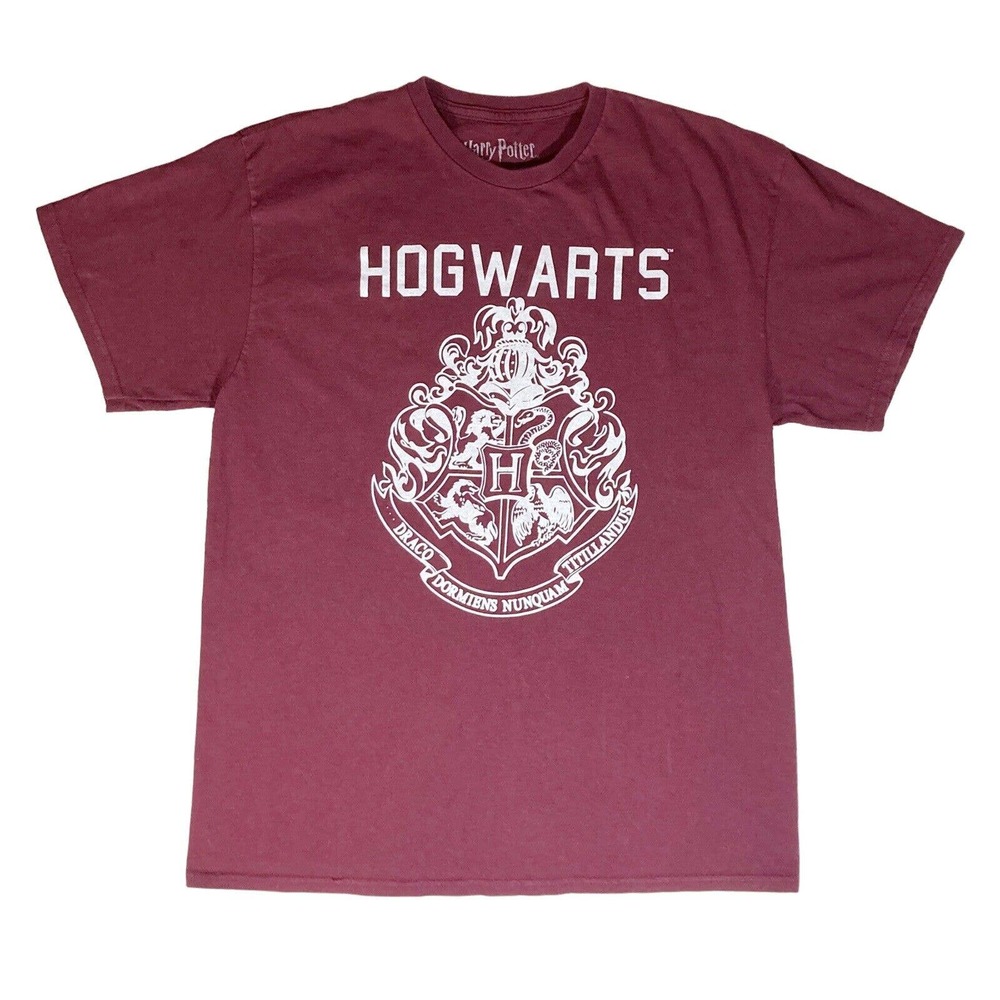Hogwarts Crest T-SHIRT Mens LARGE Harry Potter School of Wizardry Maroon Red - Picture 9 of 9